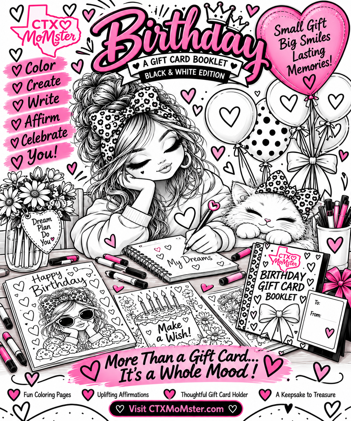 Birthday Gift Card Booklet — Adult Coloring & Affirmation Journal (Color + B&W)